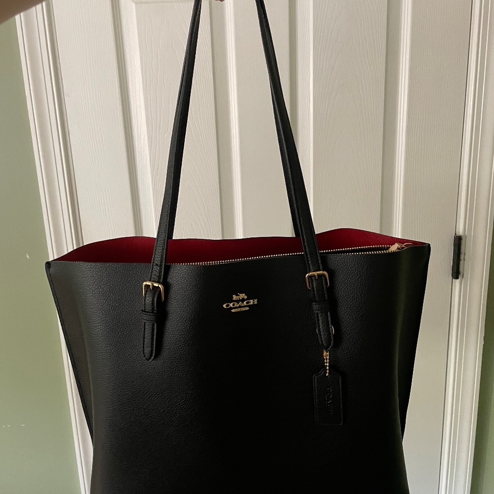 Coach Black Leather Tote with Red Interior